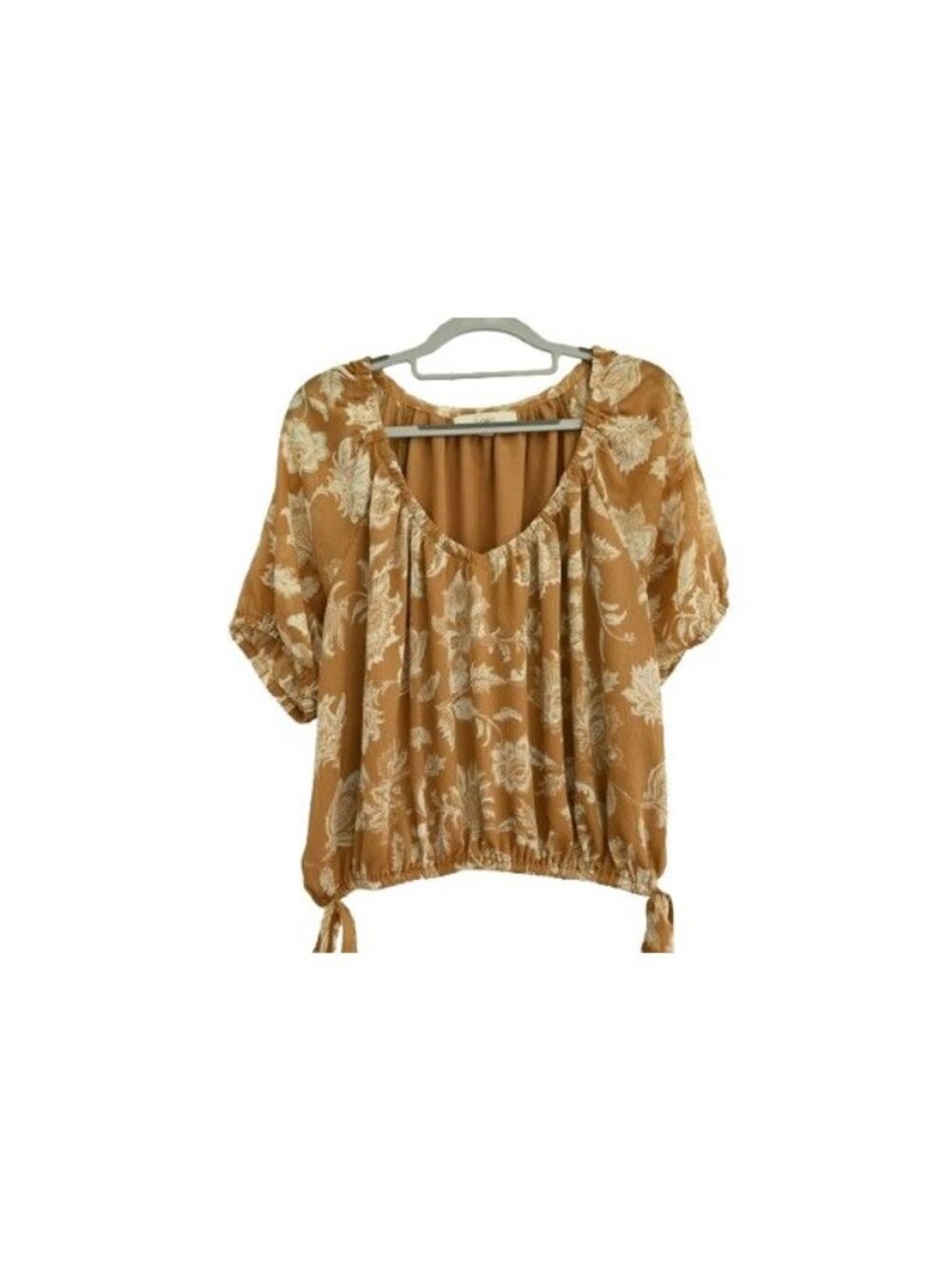 LOFT Floral Peasant Blouse Puff Sleeve Tie Hem Top Brown Cream Size M Boho